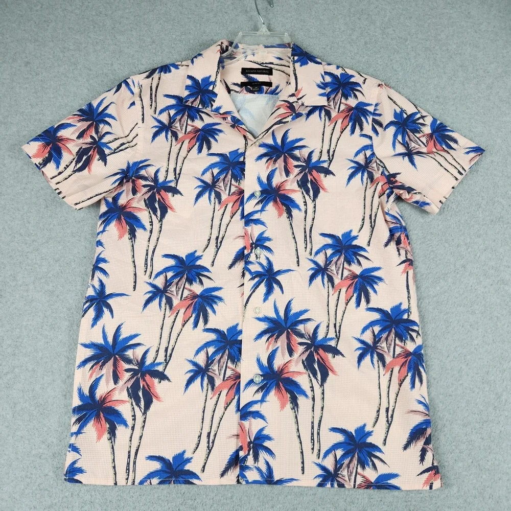 Banana Republic Shirt Men M Peach Blue Palm Tree Slim Fit Short Sleeve Button Up